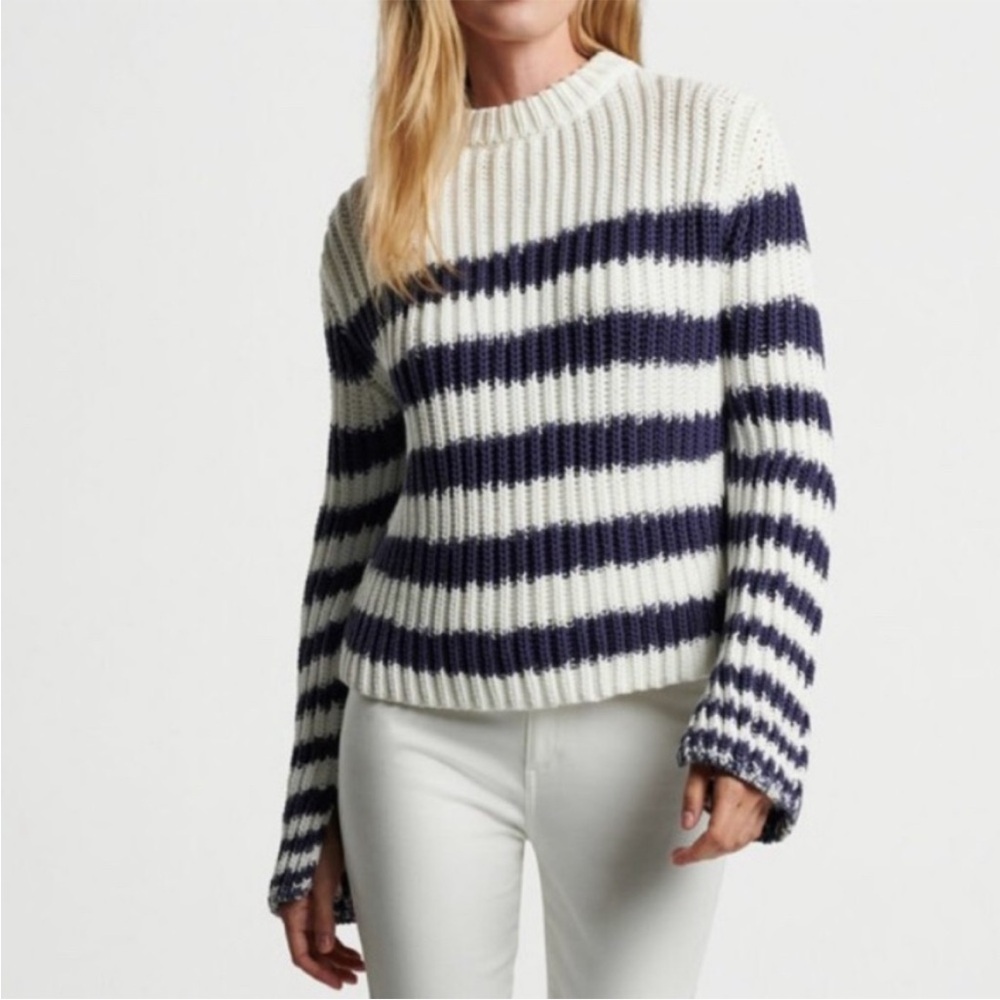 PETER MILLAR USGA Logo Women Chunky Knit Stripe Navy & White Sweater Sz